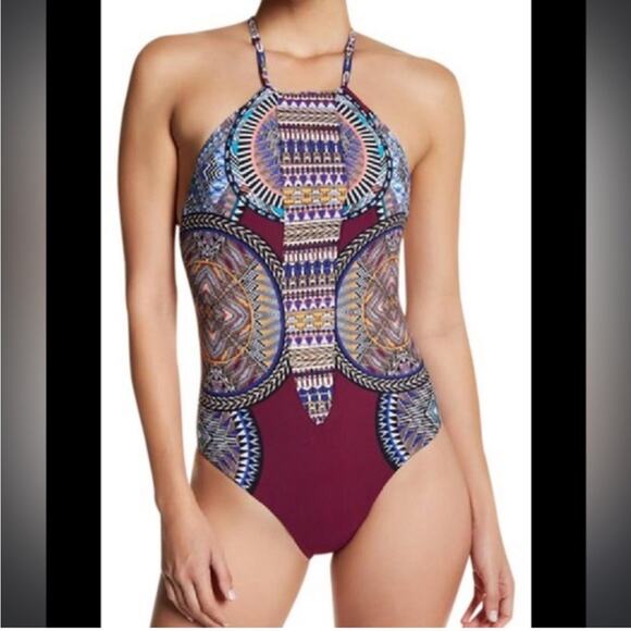 Red Carter One Piece Swimsuit reversible Red Blue with Geometric Print tribal - Picture 1 of 9